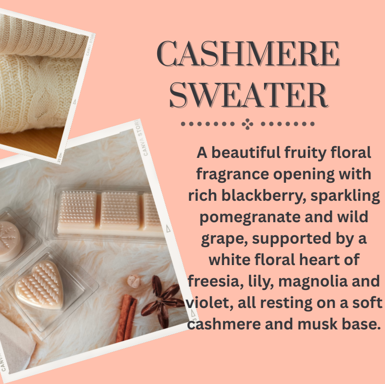 Cashmere Sweater scented wax melts. Light Colour with 3 clamshell options.